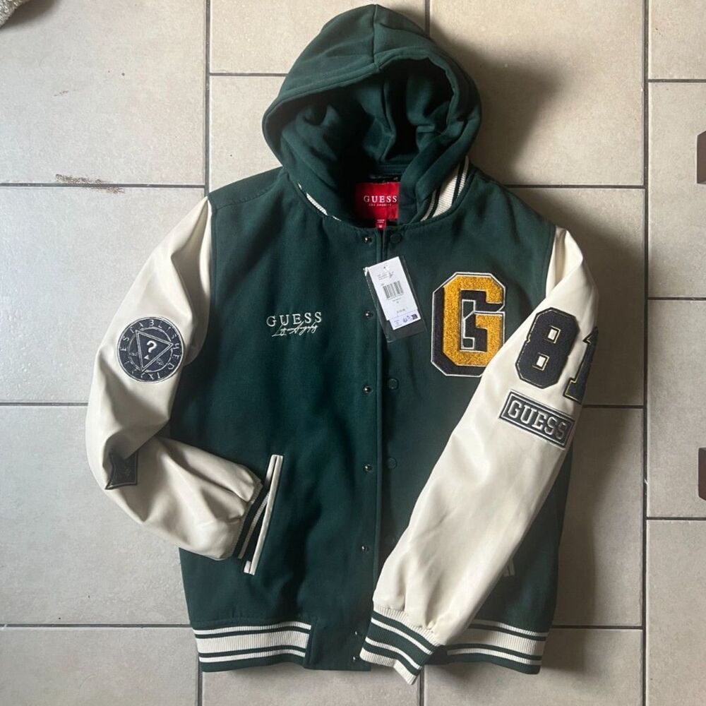 NWT GUESS Varsity Jacket Men’s M Double-Layered Hoodie Green & Cream